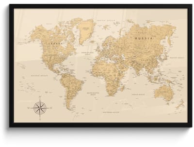 Poster in lijst - Fotolijst 90x60 cm - Posters - Wereldkaart - Realistisch - Beige - Posterlijst zwart - Decoratie - Wanddecoratie woonkamer - Muurdecoratie slaapkamer