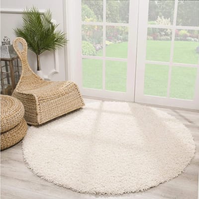 Rond Loca Shaggy Vloerkleed – Modern Uni Effen – Creme Hoogpolig & Zacht- 240 CM Ø
