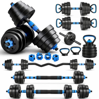 Sportfloww Dumbbells 28.5 KG – Halterset - Gewichten Set met Kettlebell, Barbell, EZ curl bar & AB roller – Verstelbare dumbells