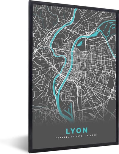 Fotolijst incl. Poster - Lyon - Plattegrond - Kaart - Stadskaart - Frankrijk - 40x60 cm - Posterlijst