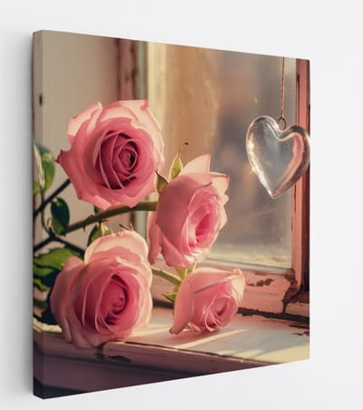 Saammp Canvas Schilderij - Roze Rozen Met Hart - Bloemen - 20x20 - Foto op canvas - Wanddecoratie - Muurdecoratie Woonkamer - Kantoor Decoratie