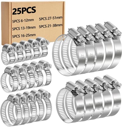 Dailygoods- Slangklemmen Assortiment 25 Stuks - Roestvrijstalen Klemmen - Verstelbare Slangklemmen - Maten 6-51mm - Voor Waterpijp/Automotive - Duurzaam Materiaal - Buisklemmen