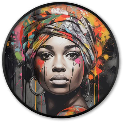 Poster in lijst Rond - Fotolijst 60x60 cm - Posters - Vrouw - Hoofddoek - Graffiti - Zwart - Ronde posterlijst zwart - Decoratie - Wanddecoratie woonkamer - Muurdecoratie slaapkamer
