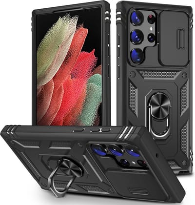 Coverup Hoesje - Geschikt voor Samsung Galaxy S24 Ultra Hoesje - Coverup Ring Kickstand Back Cover met Camera Shield - Zwart