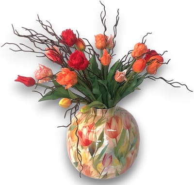 WinQ - Gebonden Boeket met Tulpen Rood, Rood en Zalm-compleet met twijgen-20 tulpen