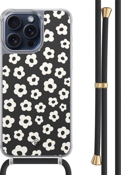 Casimoda® hoesje met zwart koord - Geschikt voor iPhone 15 Pro Max - Retro Bloempjes - Afneembaar koord - TPU/polycarbonaat - Zwart