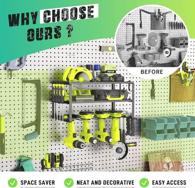 Opbergrek Met 3 Lagen Voor Gereedschap - Wandmontage Gereedschapsrek - Inclusief Boorhouder Voor 4 Elektrische Gereedschappen - Zijrek Voor Schroevendraaiers - Geschikt Voor Garage Werkplaats En Meer