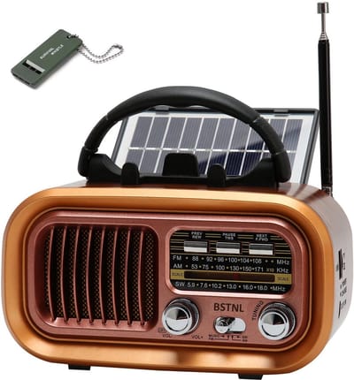 BSTNL Noodradio Retro - AM/FM - Radio Op Batterijen (Accu) Voor Rampen - Noodfluit - Bluetooth Speaker - Survivalradio - Noodradio Solar Opwindbaar - Powerbank Zonneenergie - USB - Noodpakket voor Thuis - Goud