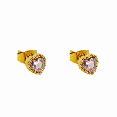 WeLoveSilver - gouden oorstekers met hart en roze kristal - 6mm
