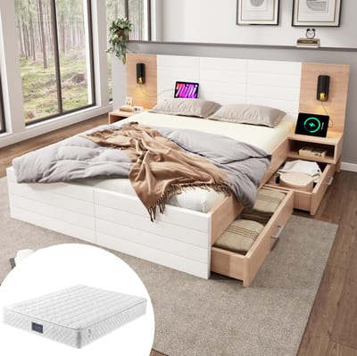 MEUNIQ tweepersoons bed 140x200 cm met lattenbodem, 2 lades, leeslamp en USB, bedframe met 2 nachtkastjes voor slaapkamer in wit en eiken