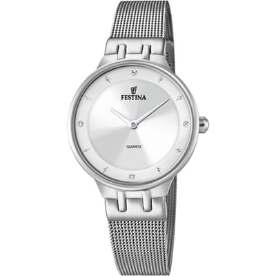 Festina F20597/1 Dames Horloge - Mineraalglas - Roestvrijstaal/Staal - Zilverkleurig - Ø 30.5 mm - Quartz - Vouw/Vlindersluiting - 5 ATM (douchen)