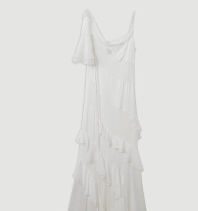 Karen Millen - Midi Jurk - Witte Kleur - Asymmetrische Mouw - Falbanen
