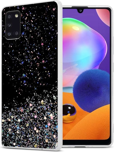 Cadorabo Hoesje geschikt voor Samsung Galaxy A31 in Zwart met Glitter - Beschermhoes van flexibel TPU silicone met fonkelende glitters Case Cover Etui