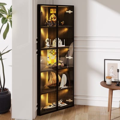 Zubaliya Hoekvitrine - 62x35x160 cm zwart - LED per plank - gehard glas - soft-close scharnieren