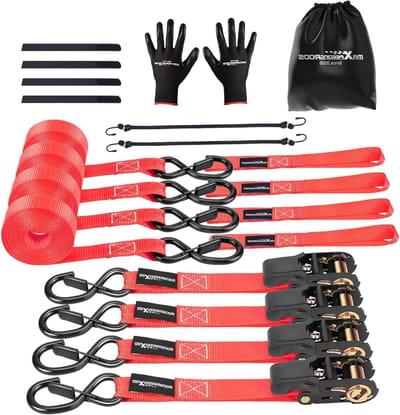 Spanbanden met ratel - Bevestigingsbanden lading - Vervoer beveiligen - Rubberen S-haken - 45 m x 25 mm - Rood