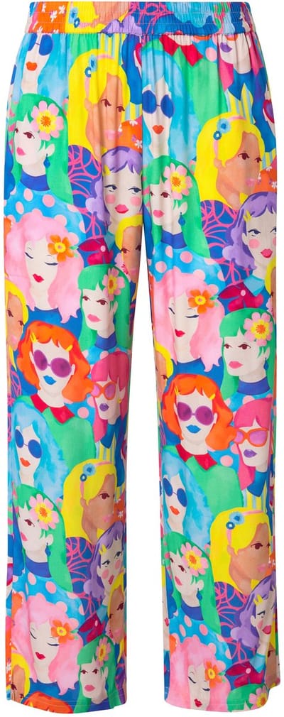 Angel of Style - Dames - Broek wijde pijpen gezichtenprint - Blauw - Maat 52
