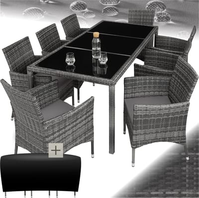 tectake® Tuinset Almansa - Tuinmeubelset voor 8 Personen - Wicker Zitgroep met Tuinstoelen en Tuintafel - Inclusief Beschermhoes en Kussens - Weerbestendig - Grijs