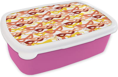 Broodtrommel Roze - Lunchbox - Brooddoos - Masker - Patronen - Carnaval - 18x12x6 cm - Kinderen - Meisje