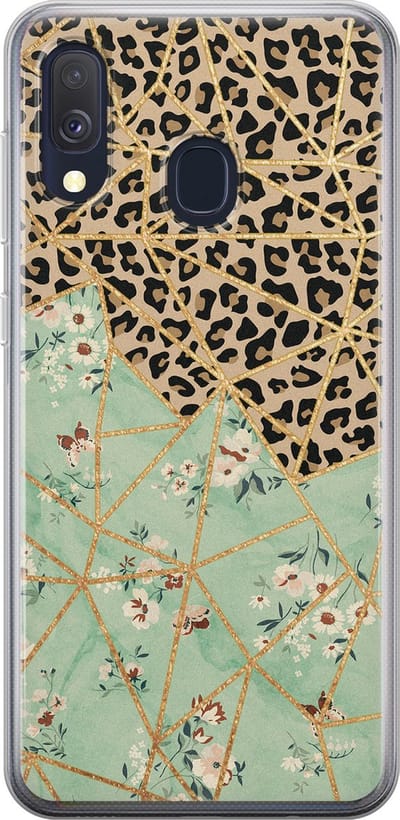 Leuke Telefoonhoesjes - Hoesje geschikt voor Samsung Galaxy A40 - Luipaard bloemen print - Soft case - TPU - Luipaardprint - Groen