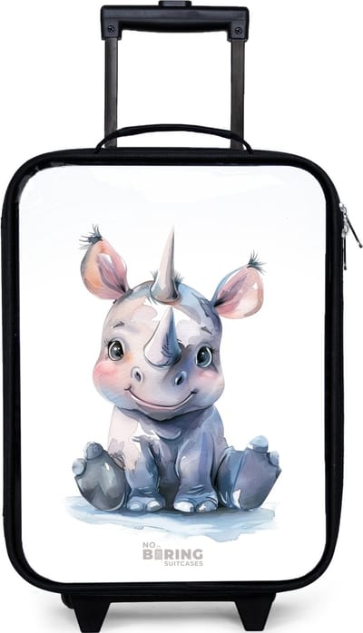 NoBoringSuitcases.com® - Kinderkoffer jongen - Kindertrolley meisje - Baby neushoorn - Koffer kind lichtgewicht - Reiskoffer trolley voor kinderen - Koffertje met lichtgevende wieltjes - Rolkoffer zwart
