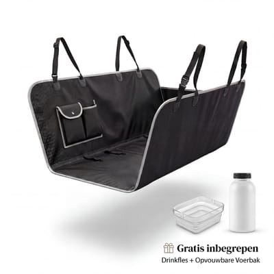 Premium Hondendeken Auto – Zwart – Achterbank & Kofferbak 145x150 cm – Inclusief Drinkfles & Opvouwbare Voerbak