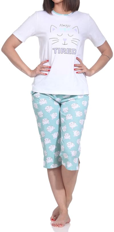 Normann dames pyjama met korte mouwen en capribroek pyjama met hart- en kattenmotief
