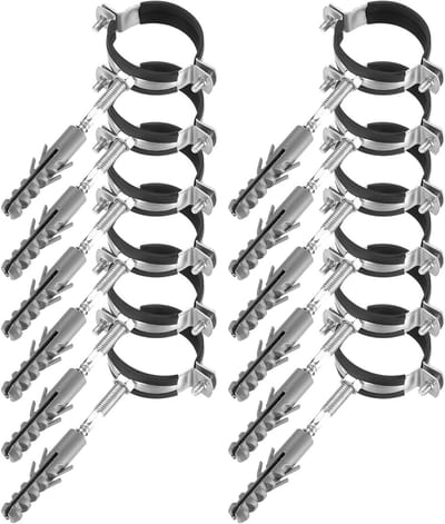 Hose clamps set met 12 schroefklemmen, 12 pluggen en 12 ophangbouten voor ronde buizen en wandbevestiging met rubberen inzet voor loodgieters