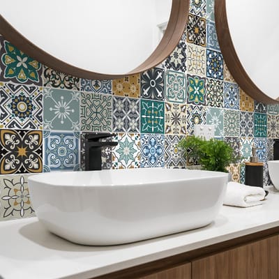 Zelfklevende tegelmuurstickers voor keuken en badkamer - 24 cementtegelstickers, Azulejos Mondelo-stijl - 24 stickers, 10x10 cm