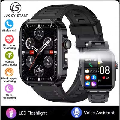 Nouvelle Montre Connectée d'Extérieur Pour Hommes Appel Bluetooth Écran HD 2.01'' Suivi Sportif Étanche Montre Connectée de Santé Lampe Torche LED silicon noir