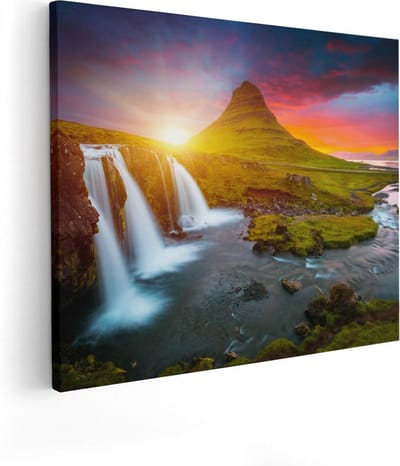 Artaza Canvas Schilderij Landschap - 50x40 cm - Wanddecoratie Waterval - Muurdecoratie Natuur - Schilderijen Op Canvas Zonsondergang