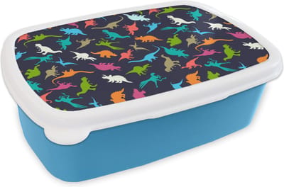 Broodtrommel Blauw - Lunchbox - Brooddoos - Patronen - Dino - Kleuren - Jongens - Kinderen - Kids - Kind - 18x12x6 cm - Kinderen - Jongen