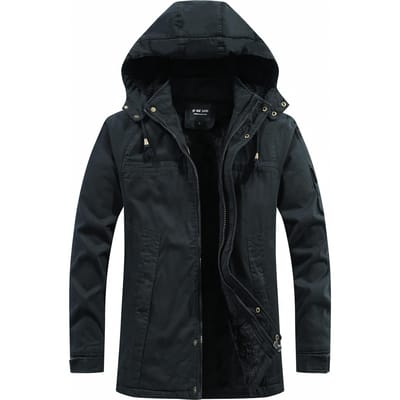 Katoenen herenjas met capuchon, effen kleur, katoenen winterjas voor heren, casual model. 4XL black