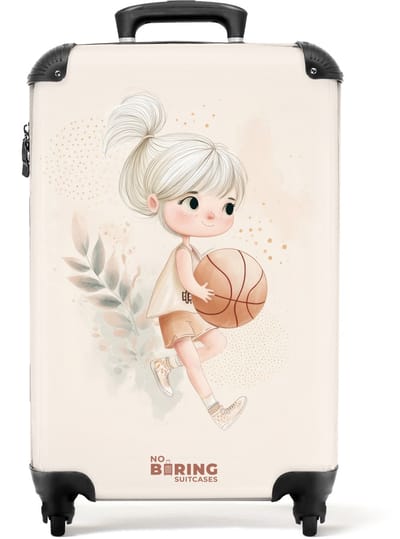 NoBoringSuitcases.com® - Kinderkoffer meisje - Kindertrolley meisjes - Meisje met een basketbal in neutrale kleuren. - Handbagage koffer lichtgewicht - Reiskoffer trolley kinderen - Rolkoffer met wieltjes - Past binnen 55x40x20 en 55x35x25