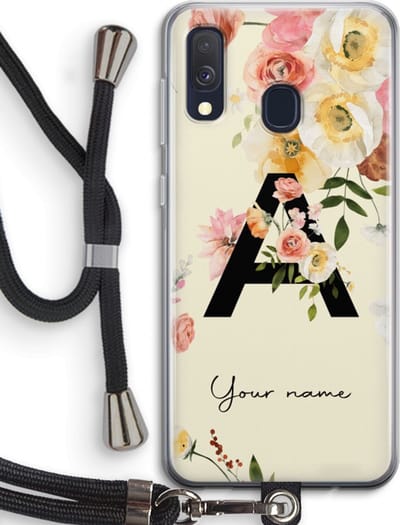 Gepersonaliseerd - Case Company® - Hoesje met koord geschikt voor Samsung Galaxy A40 hoesje met Koord - Flirty Flowers Monogram - Telefoonhoesje met Zwart Koord - Bescherming aan alle Kanten en Over de Schermrand