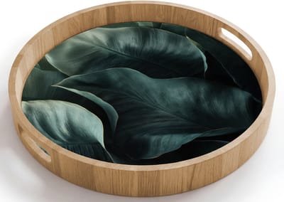 Dienblad rond 40x40 cm - Schootdienblad hout - Groen - Bladeren - Glad - Nerven - Borrelplank rechthoek - Plateau houten dienbladen