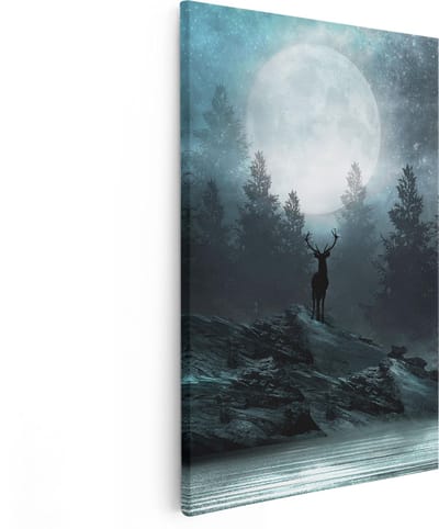 Artaza Canvas Schilderij Hert - 80x120 cm - Groot - Wanddecoratie Volle Maan - Muurdecoratie Bos - Schilderijen Op Canvas Nacht