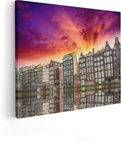 Artaza Canvas Schilderij Amsterdam - 100x80 cm - Groot - Wanddecoratie Grachtenpanden - Muurdecoratie Zonsondergang - Schilderijen Op Canvas