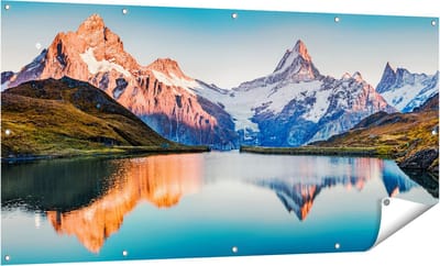 Gards Tuinposter Bergen Landschap bij het Meer - 160x80 cm - Tuindoek - Tuindecoratie - Wanddecoratie buiten - Tuinschilderij