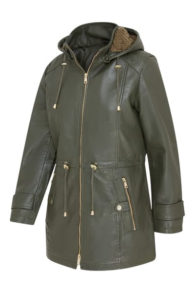 Dames groene leren parka met afneembare borg capuchon en trenchcoat - Trekker