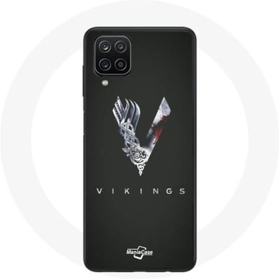 Case voor Samsung Galaxy A12 Vikings Series Seizoen 6 logo V Zwaard Grijs Zwarte Achtergrond