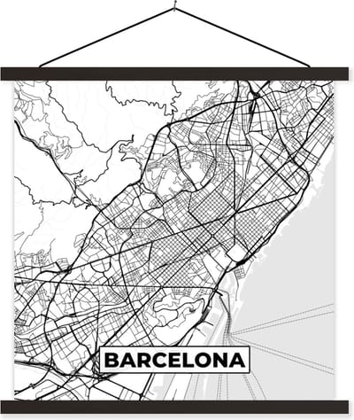 Posterhanger incl. Poster 60x60 cm - Schoolplaat - Kaart - Barcelona - Stadskaart - Plattegrond - Zwart Wit - Textielposter - Zwarte latten - Stadskaart