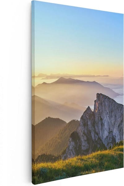 Artaza Canvas Schilderij Landschap - 20x30 cm - Klein - Wanddecoratie Natuur - Muurdecoratie Zon - Kamer Accessoires Bergen