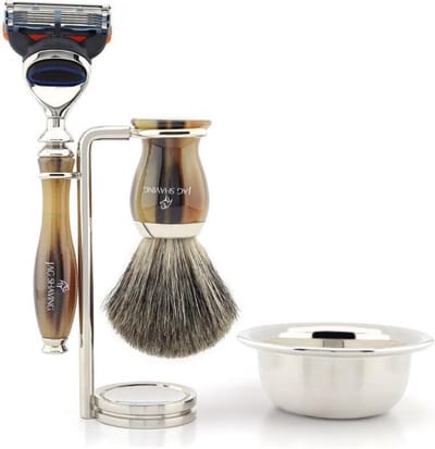 JAG scheerset voor heren Kom met scheermes met 5 snijkanten, synthetische borstel, standaard en scheerkom, perfecte cadeauset voor mannen (scheerset)