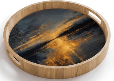 Dienblad rond 40x40 cm - Schootdienblad hout - Gouden Reflectie op Water - Borrelplank rechthoek - Plateau houten dienbladen