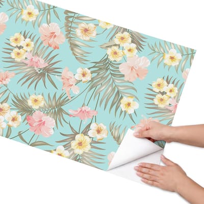 Coloray Meubel Wrap Folie - Turkoois Meubelfolie - 65x130 cm - Wrapfolie Keuken Exotische flora - Decoratiefolie - Boho Meubelfolie - Meubel Wrap Folie - Woonkamer decoratie - Bloemen en planten
