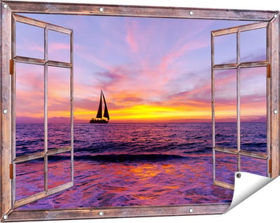 Gards Tuinposter Doorkijk Zeilboot Silhouet bij Zonsondergang - 120x80 cm - Tuindoek - Tuindecoratie - Wanddecoratie buiten - Tuinschilderij