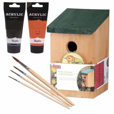 Houten vogelhuisje/nestkastje 22 cm - in het zwart/oranje maken - Dhz schilderen pakket - 2x tubes verf en kwasten