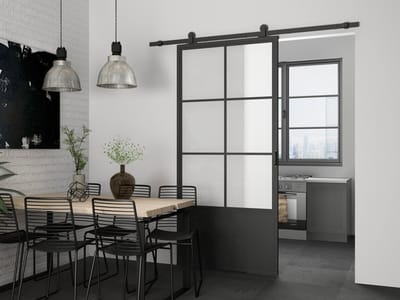Barnwoodweb Schuifdeur staal en glas 6 vaks kickplate melkglas 100x235 - Complete set inclusief schuifdeursysteem en deurgreep