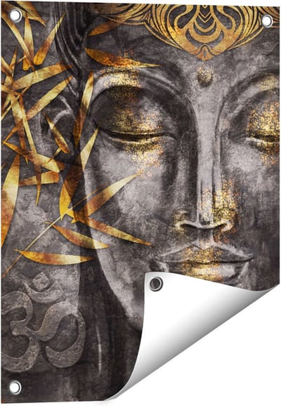 Gards Tuinposter Gouden Boeddha van Aquarel - Abstract - 40x50 cm - Tuindoek - Tuindecoratie - Wanddecoratie buiten - Tuinschilderij