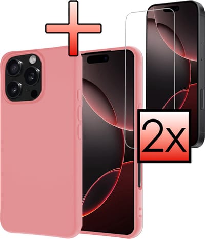 Hoesje - Met 2x Screenprotector - Geschikt voor Apple iPhone 16 Pro - Sterk & Shockproof - Back Cover - Siliconen Case - Telefoon Hoes - Lichtroze